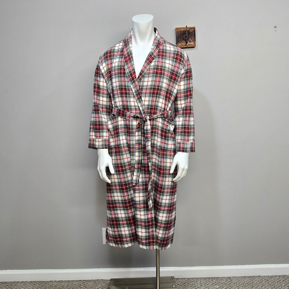L.L. Bean Flannel Robe Men Medium Red Tartan Plaid Loungewear Cabin Long Modest